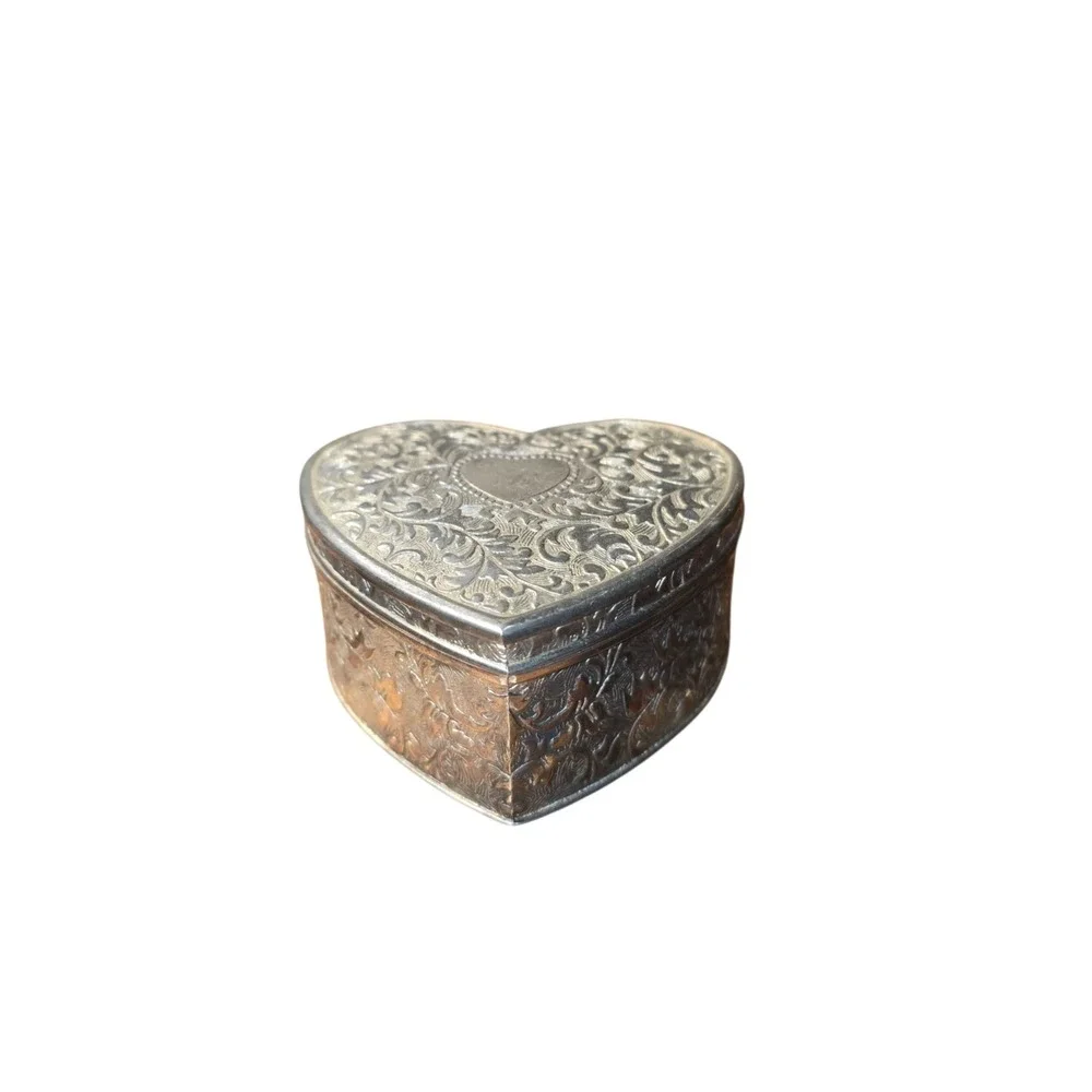 Vintage Heart Shaped Silver Floral‎ Design Mini Jewelry Box Blue Velvet Interior